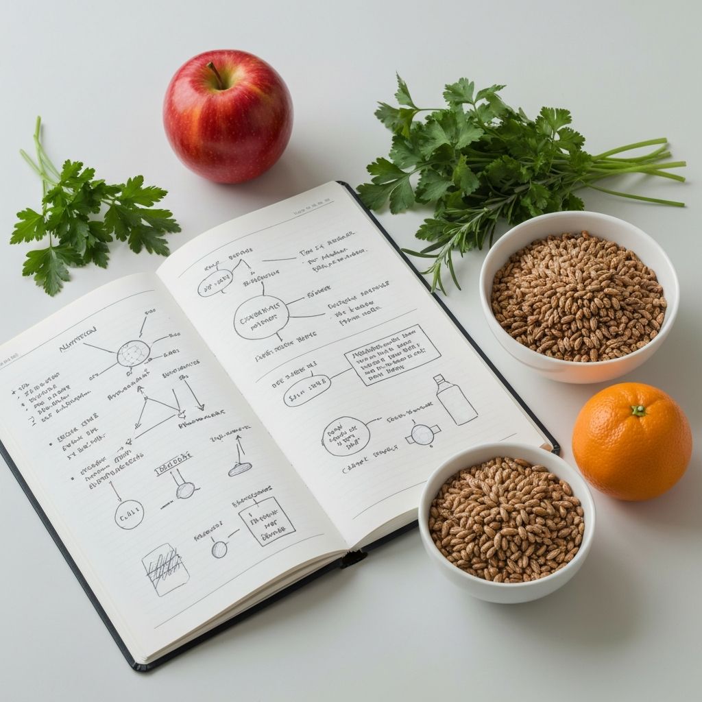 Scientific research concept with healthy food and notebook